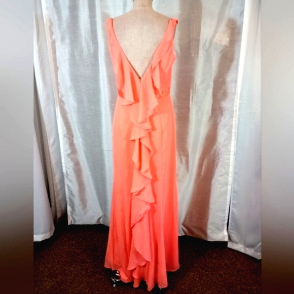 David's Bridal Dresses & Skirts - David's Bridal Long Coral Orange Column Dress, Pleats/Ruffles, V-Neck/Back, 10